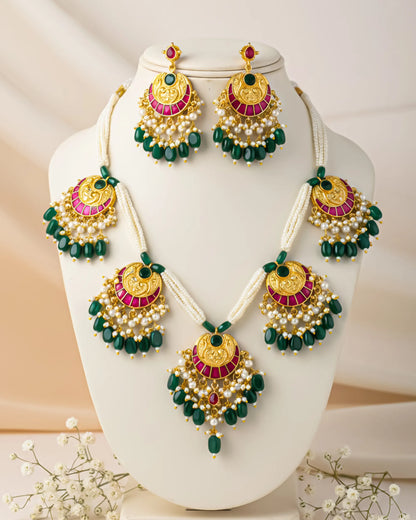 Kundan Meenakari Pearl Necklace Set with Dangle Earrings, Green Beads, Pearl Bridal Jewelry