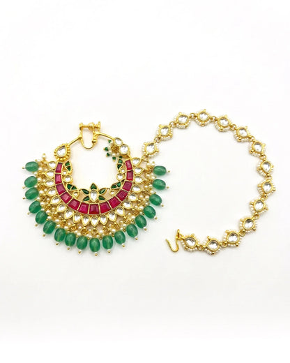 Meenakari Kundan Bridal Nath with Green Beads, Red Stone, 18k Gold Plated
