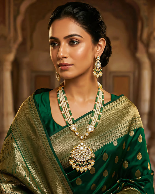 Kundan Pearl Necklace Set, Green Meenakari Ethnic Bridal Jewelry, Multi-Strand Pendant with Earrings
