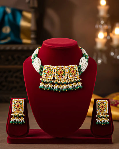 Kundan Polki Choker Necklace Set: Indian Wedding Jewelry, 18k Gold Plated Bridal Jewelry