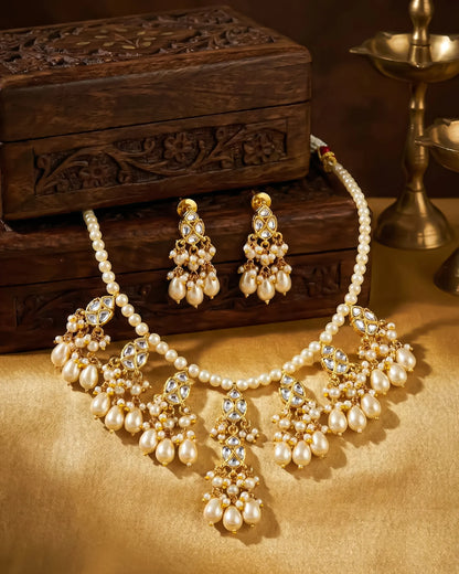 Kundan Meenakari Pearl Necklace Set with Dangle Earrings, Gold Tone Bridal Jewelry