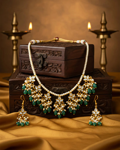 Kundan Pearl Green Beads Necklace Set, Gold Plated Indian Bridal Jewelry