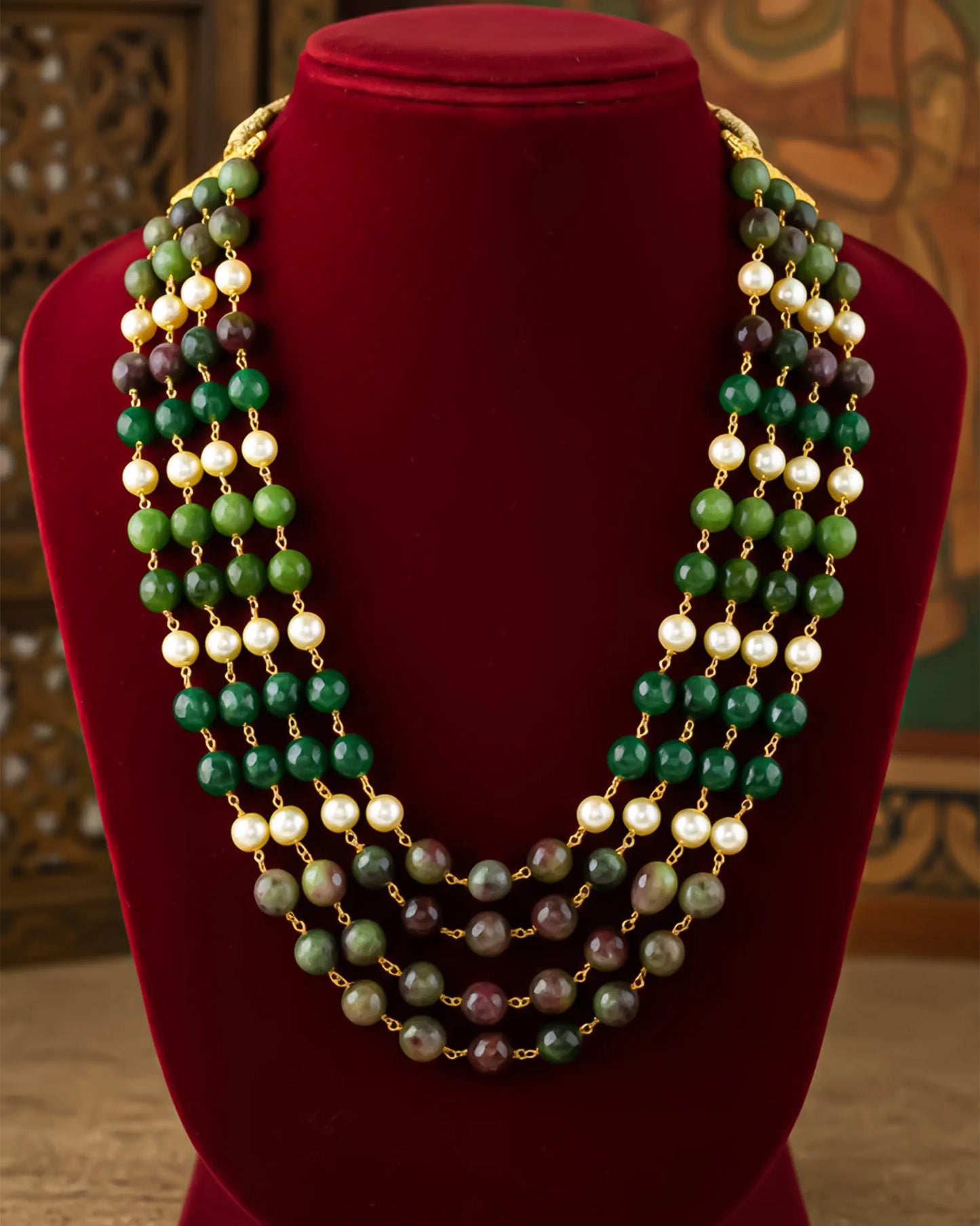 Multi-Layer Groom Mala with Green Beads & Pearl Accents – Traditional Wedding Necklace for Groom Jewelry