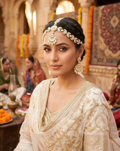 Kundan Sheeshpatti with Maang Tikka, Pearl Bridal Headpiece, Indian Wedding Jewelry