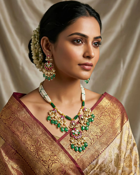 Green Drop Beads and Pearl Earrings Necklace Set, Traditional Bridesmaid Bridal Wedding Jewelry