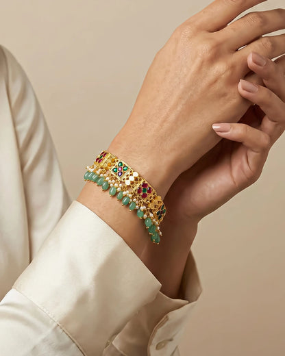 Traditional Kundan Beaded Bracelet, Gold Tone Ethnic Bridal Jewelry