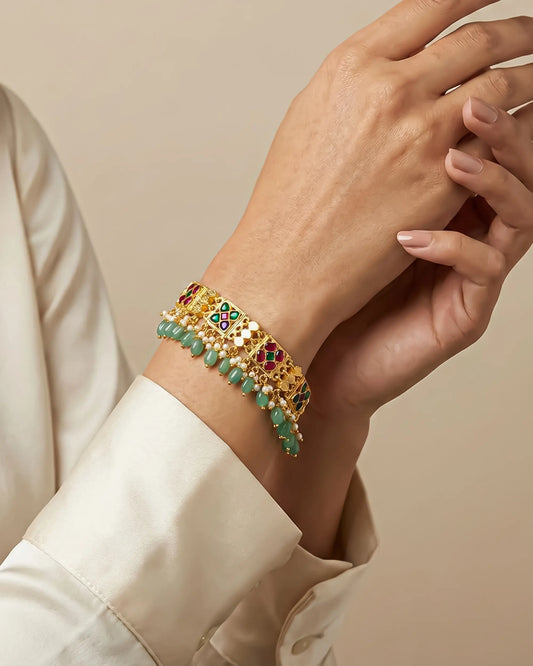 Traditional Kundan Beaded Bracelet, Gold Tone Ethnic Bridal Jewelry