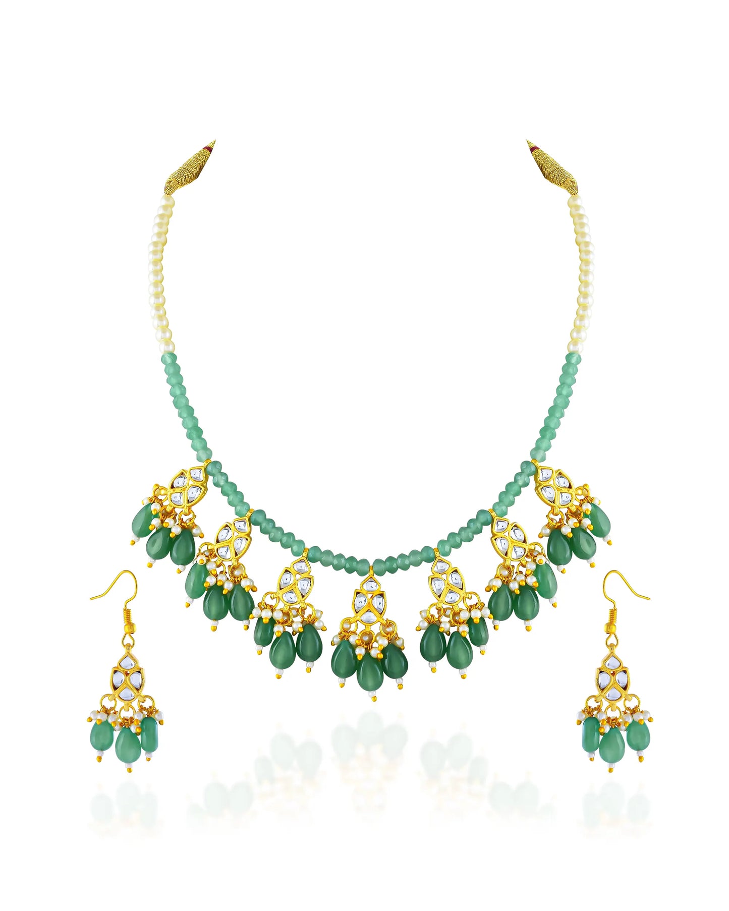 Handmade Kundan Bridal Jewelry Set: Green Beads and Pearls Necklace Earrings Jewelry