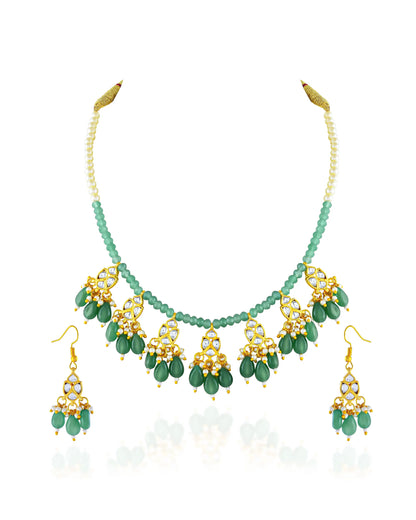 Handmade Kundan Bridal Jewelry Set: Green Beads and Pearls Necklace Earrings Jewelry