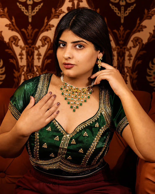 Green Kundan Bridal Choker Set with Earrings, Indian Wedding Jewelry Gold Statement Necklace, Traditional Polki Necklace, Bridal Jewelry Set