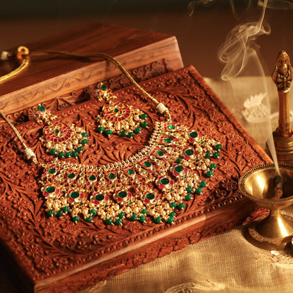 Kundan Choker Set, Green Bead Bridal Jewelry, Handicrafts Fashion Jewelry