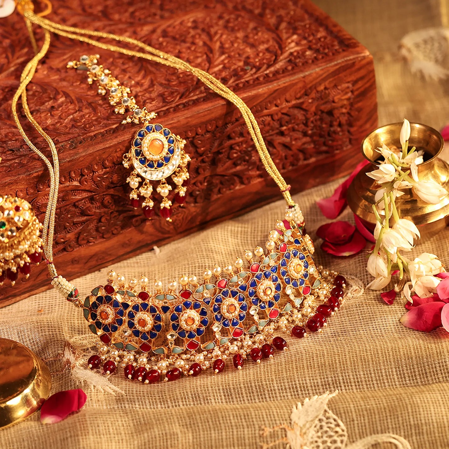 Gold Kundan Bridal Choker Set with Jhumka Earrings, Red Green Stone Necklace, Indian Wedding Jewelry Set, Pearl Drop Bridal Jewelry