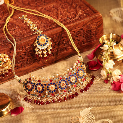 Gold Kundan Bridal Choker Set with Jhumka Earrings, Red Green Stone Necklace, Indian Wedding Jewelry Set, Pearl Drop Bridal Jewelry
