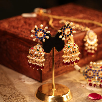 Gold Kundan Bridal Choker Set with Jhumka Earrings, Red Green Stone Necklace, Indian Wedding Jewelry Set, Pearl Drop Bridal Jewelry