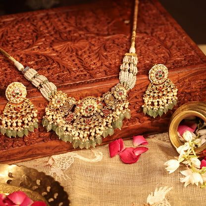 Pearl Kundan Stone Choker Necklace Earrings Set with Pearl Beads, Indian Handmade Bridal Jewelry