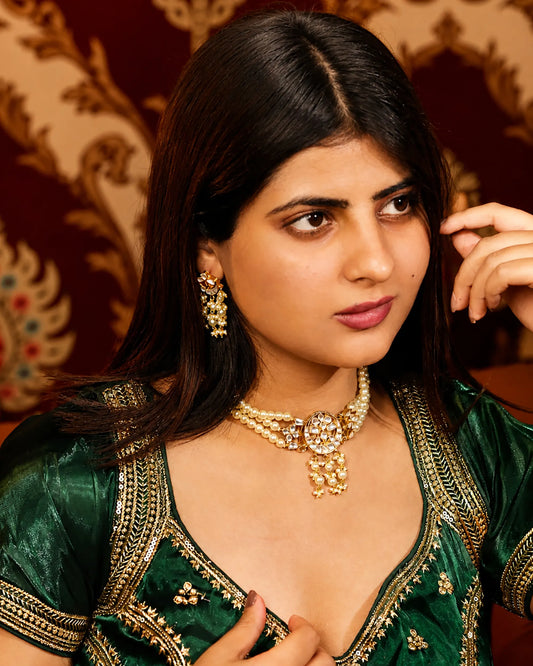 Pearl Choker Set, Kundan Wedding Necklace Set, Indian Bridal Jewelry, Gold Pearl Necklace with Earrings, Pakistani Jewelry