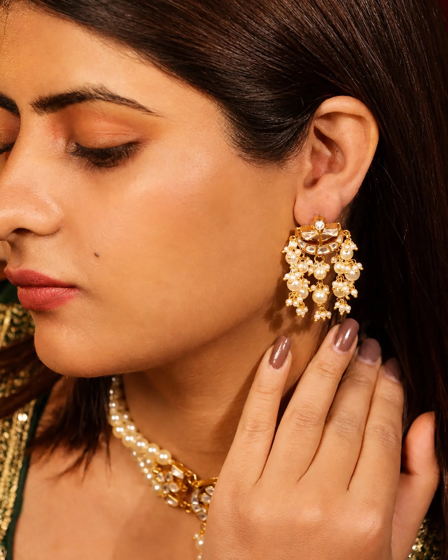 Pearl Choker Set, Kundan Wedding Necklace Set, Indian Bridal Jewelry, Gold Pearl Necklace with Earrings, Pakistani Jewelry