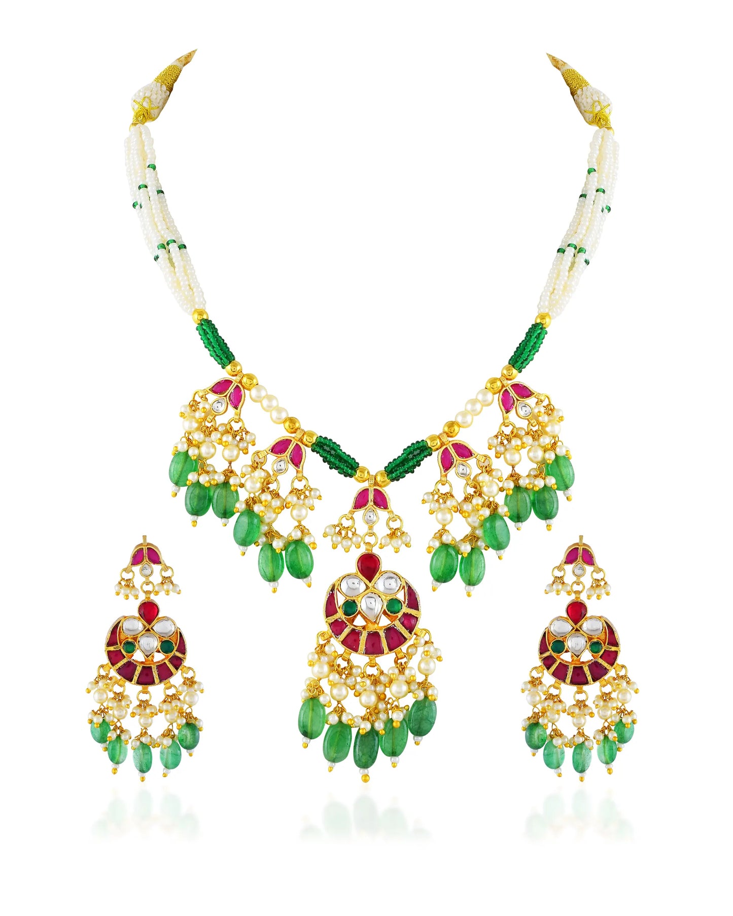 Green Drop Beads and Pearl Earrings Necklace Set, Traditional Bridesmaid Bridal Wedding Jewelry