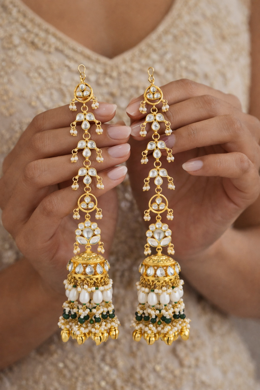 18K Gold Plated Long Jadau Jhumka Earrings, Polki Drop with Pearl and Green Beads
