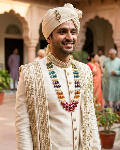 Royal Multi-Color Beaded Groom Mala – Traditional Wedding Necklace with Pearl Accents for Sherwani Jewelry