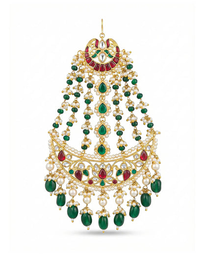 Mughal Bridal Kundan Passa – Gold-Toned Green Beads Pearl Drops Headpiece