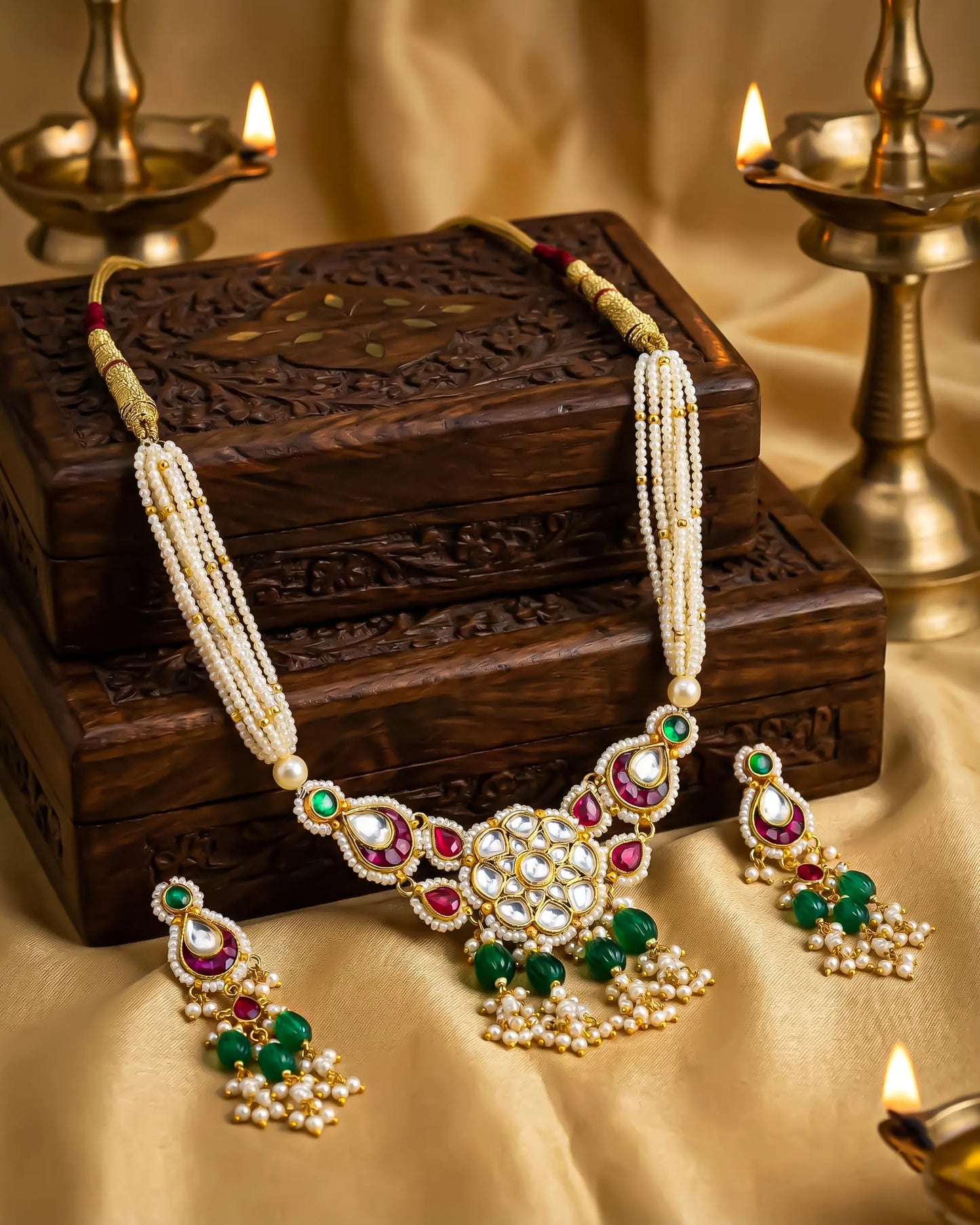 Elegant Pearl Beaded Necklace with Green Stone and Kundan Pendant, Handmade Indian Jewelry