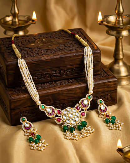 Elegant Pearl Beaded Necklace with Green Stone and Kundan Pendant, Handmade Indian Jewelry