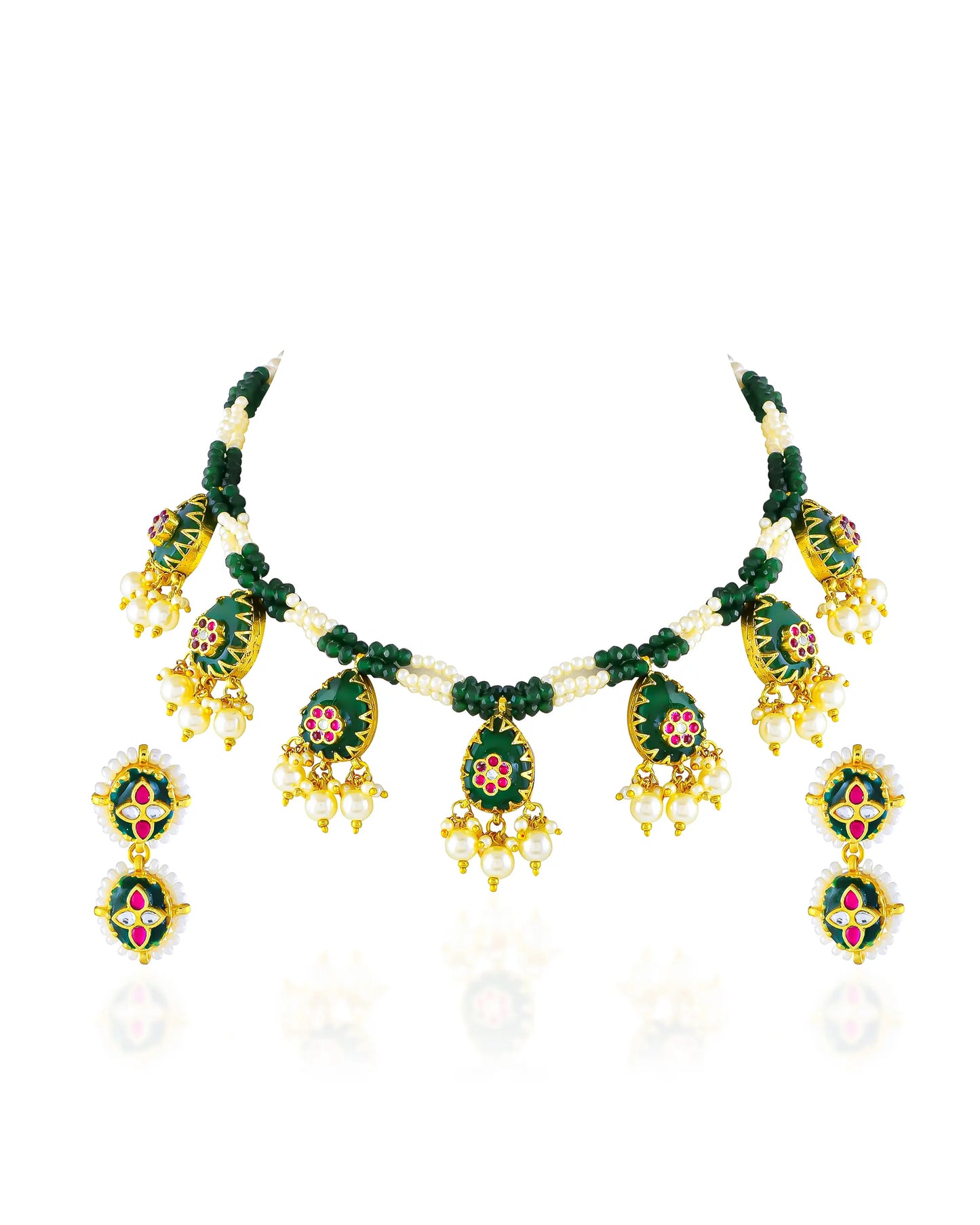 Handmade Kundan Meenakari Pearl Green Beaded Necklace Set, Bridal Wedding Jewelry