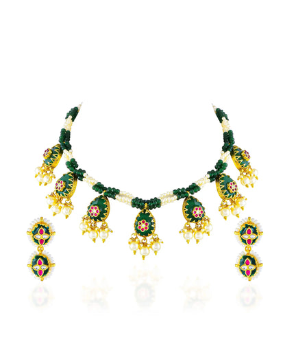 Handmade Kundan Meenakari Pearl Green Beaded Necklace Set, Bridal Wedding Jewelry