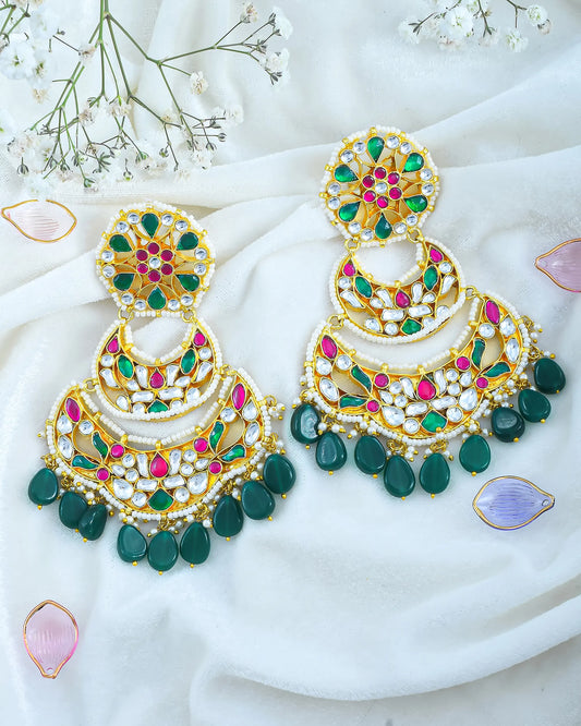 Jadau Chandbali Earrings, 18K Gold Plated Multicolor Stone Indian Jewelry