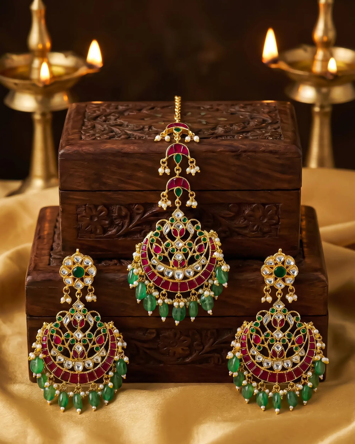 Kundan Chandbali Maang Tikka Earrings Set