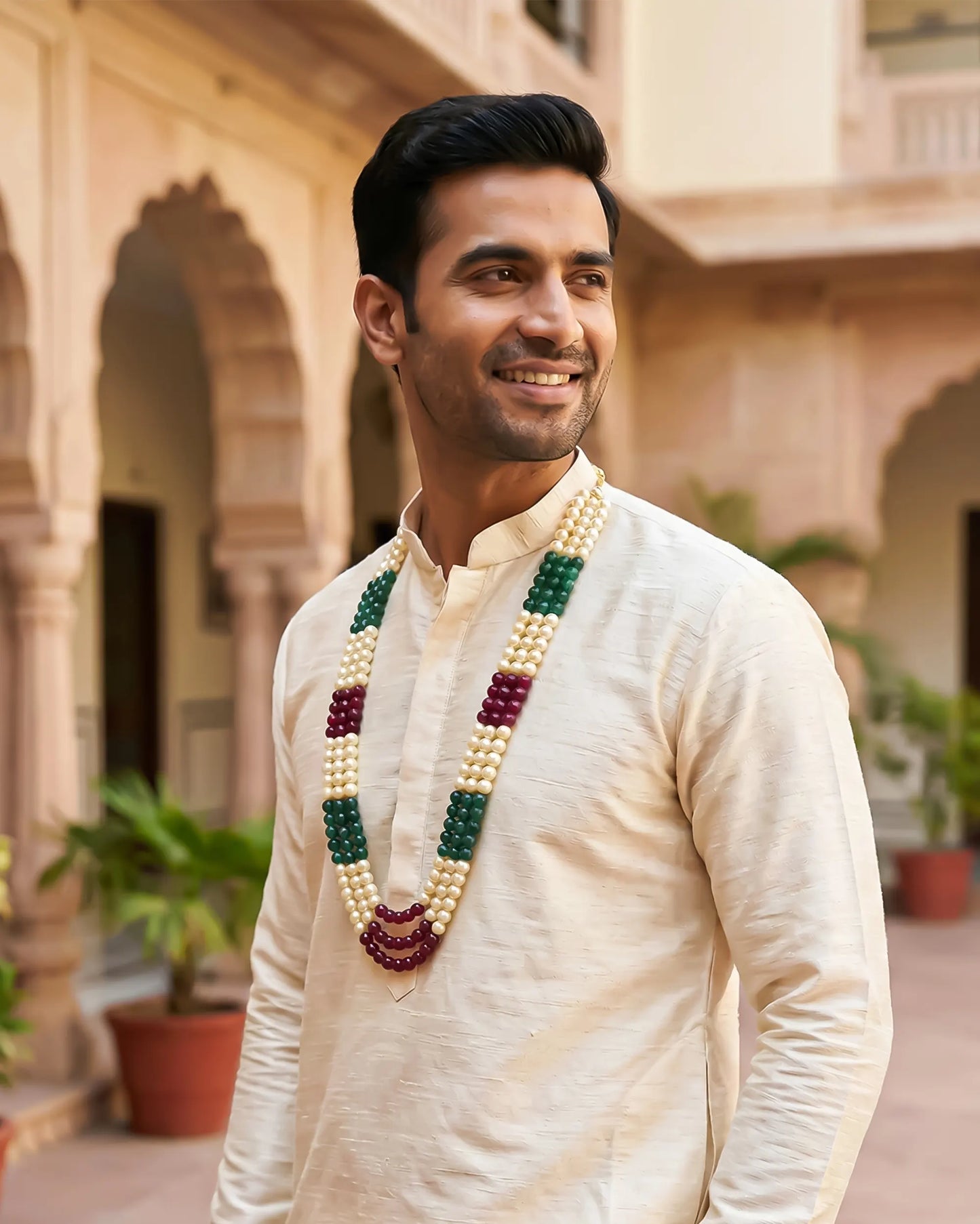 Multi-Layer Pearl Green and Pink Beads Dulha Mala Necklace, Traditional Indian Groom Sherwani Jewelry