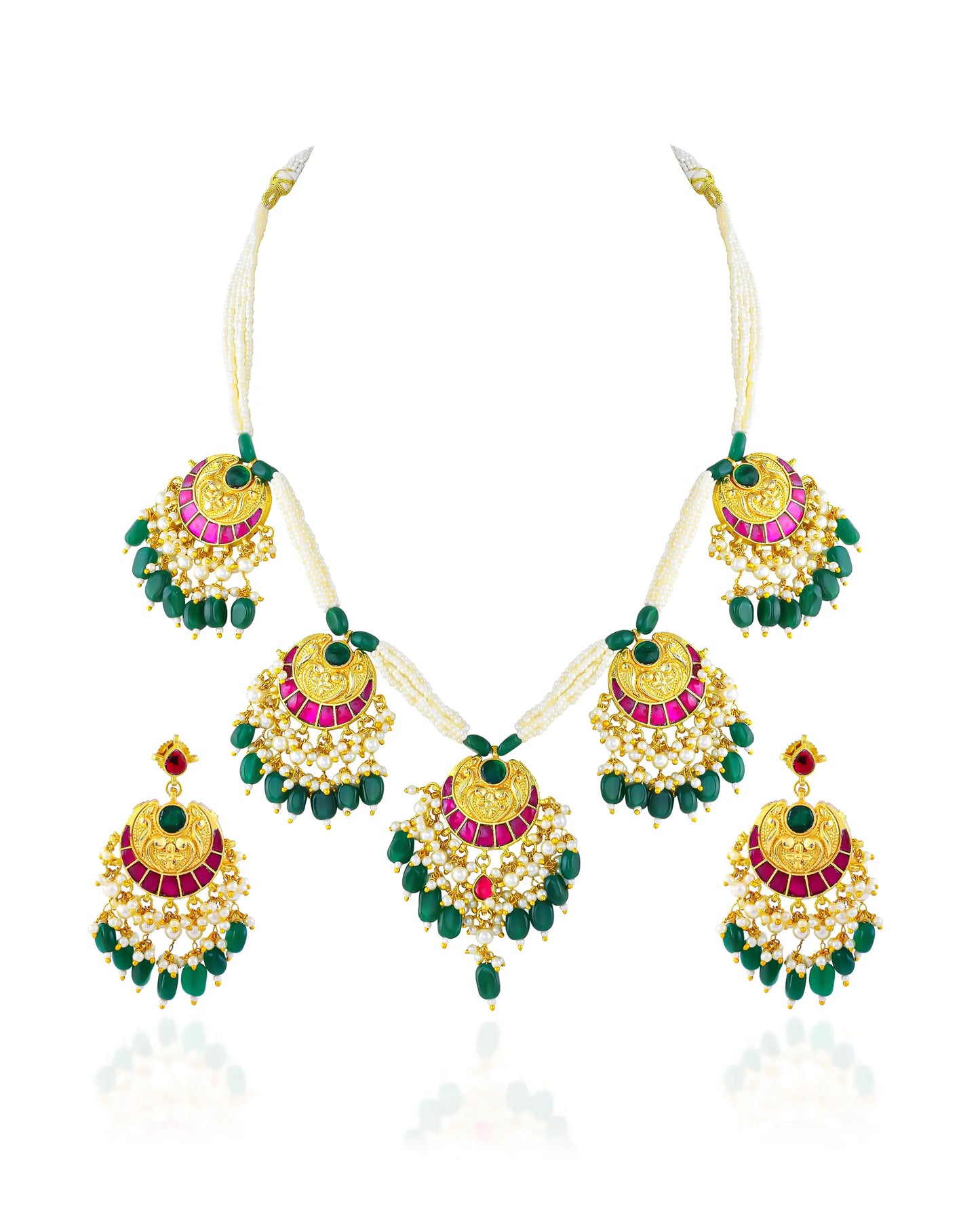 Kundan Meenakari Pearl Necklace Set with Dangle Earrings, Green Beads, Pearl Bridal Jewelry