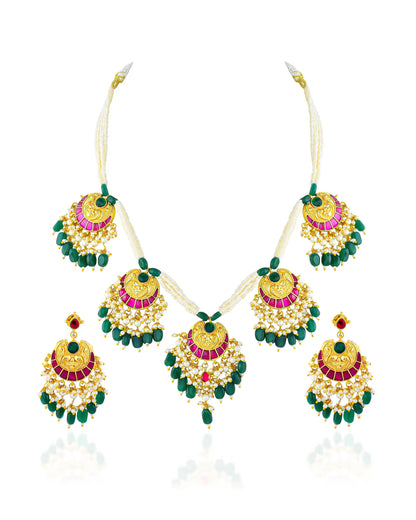 Kundan Meenakari Pearl Necklace Set with Dangle Earrings, Green Beads, Pearl Bridal Jewelry