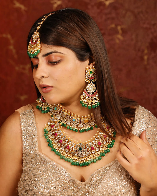 Gold Plated Kundan Bridal Necklace Set with Maang Tikka & Chandbali Earrings, Indian Wedding Jewelry Set, Green Beads Rani Pink Polki Choker