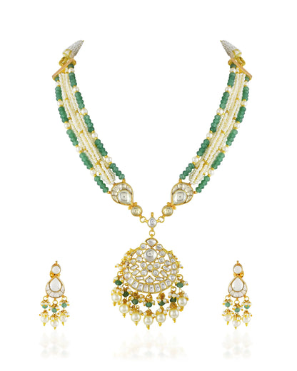 Kundan Pearl Necklace Set, Green Meenakari Ethnic Bridal Jewelry, Multi-Strand Pendant with Earrings