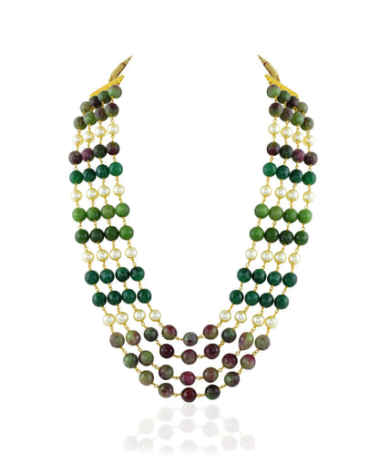 Multi-Layer Groom Mala with Green Beads & Pearl Accents – Traditional Wedding Necklace for Groom Jewelry