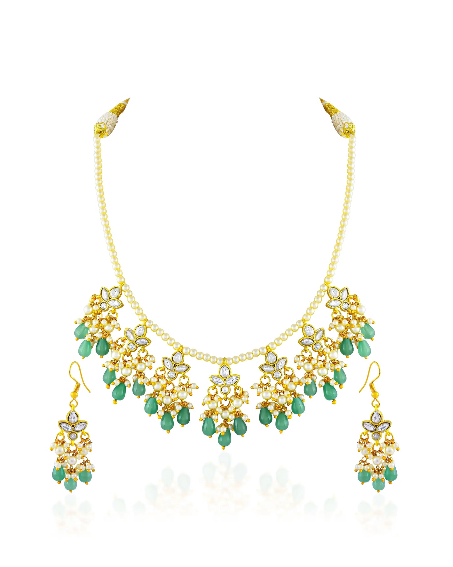 Kundan Pearl Green Beads Necklace Set, Gold Plated Indian Bridal Jewelry