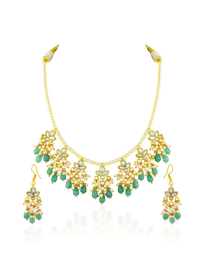 Kundan Pearl Green Beads Necklace Set, Gold Plated Indian Bridal Jewelry