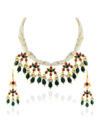 Gold Plated Kundan Pearl Necklace Set, Indian Bridal Choker with Earrings Jewelry