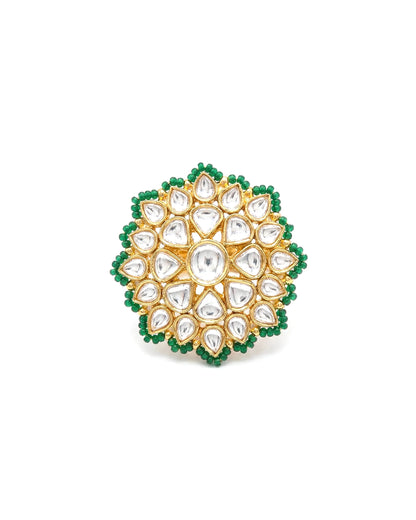 Gold-Plated Kundan Adjustable Ring for Women | Green Beaded Floral Statement Traditional Ethnic Cocktail Ring