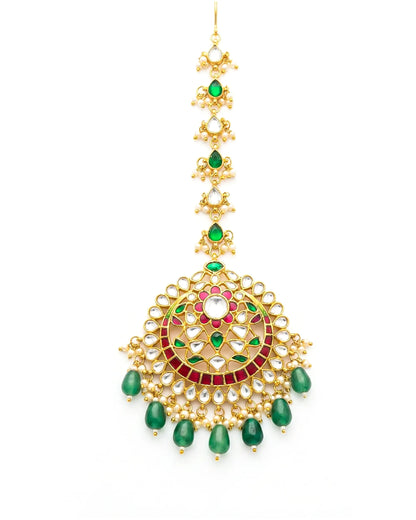 Kundan Maang Tikka, Jadau Floral Forehead Jewelry with Pearl & Green Drops
