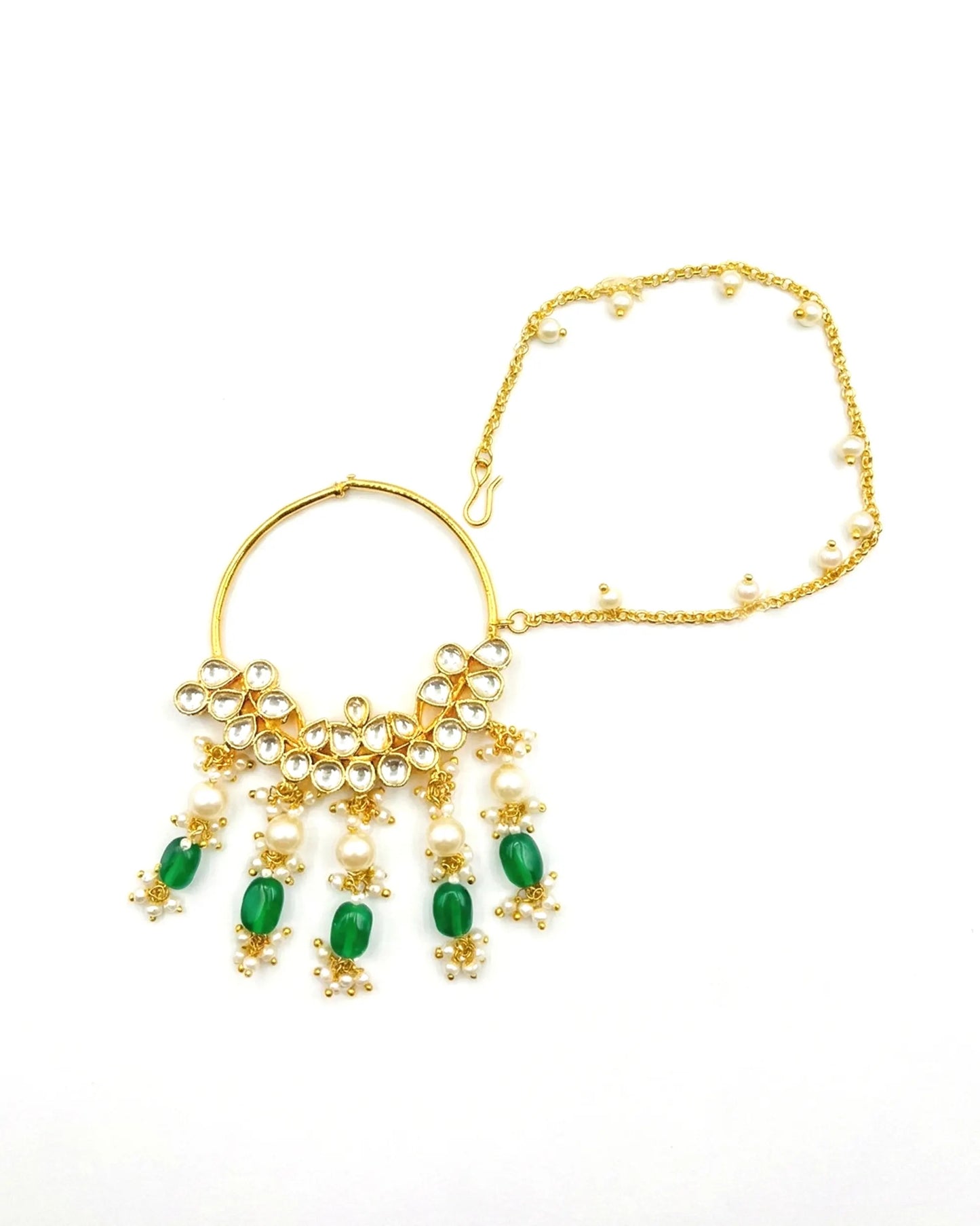 Kundan Bridal Nath – Gold Plated Wedding Nose Ring with Pearl, Green Bead Drops