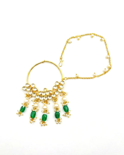 Kundan Bridal Nath – Gold Plated Wedding Nose Ring with Pearl, Green Bead Drops