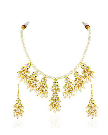 Kundan Meenakari Pearl Necklace Set with Dangle Earrings, Gold Tone Bridal Jewelry