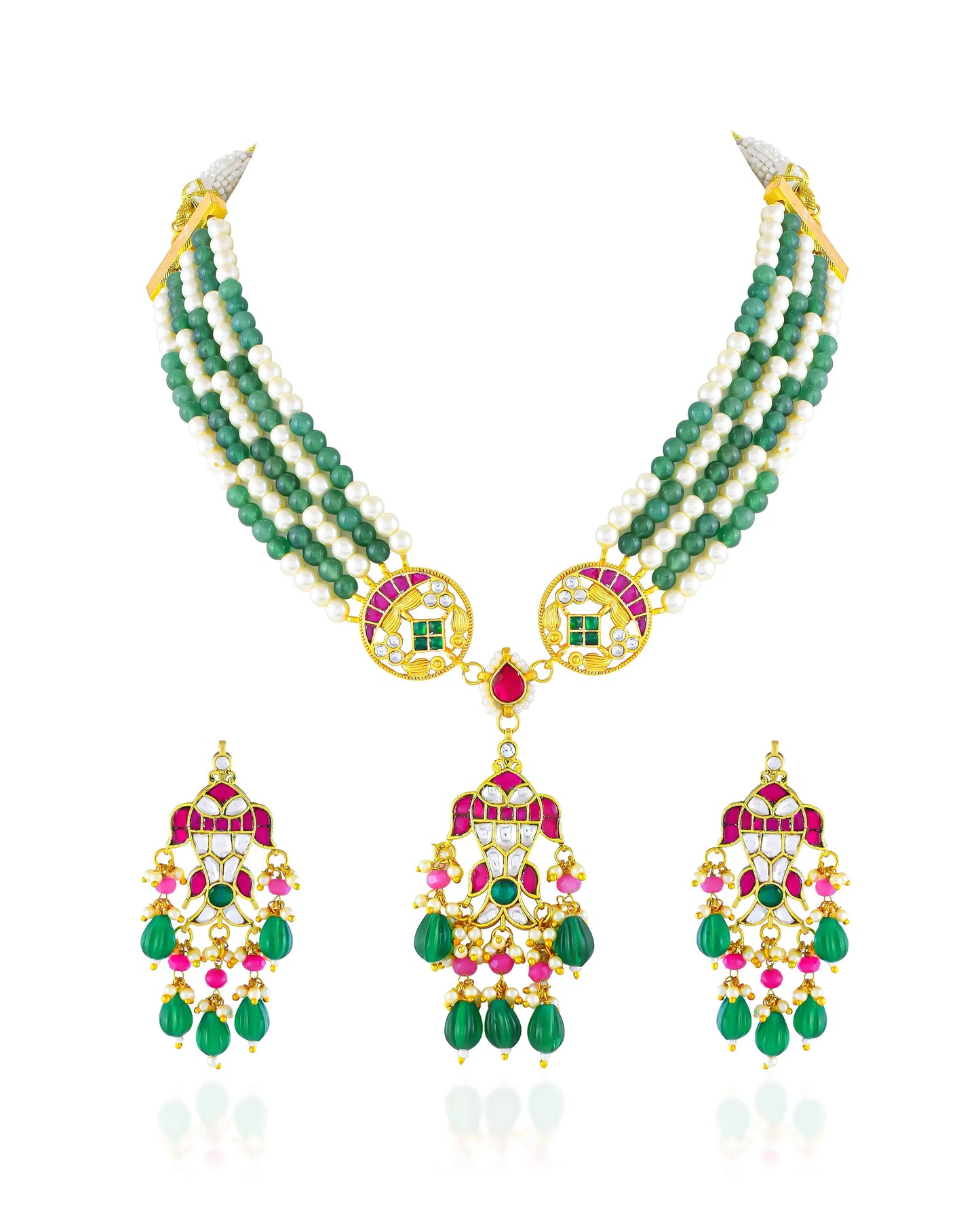 Kundan Meenakari Pearl Green Beaded Necklace Set, Indian Bridal Wedding Jewelry