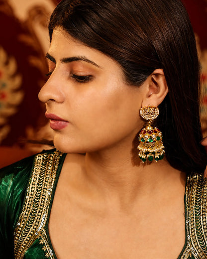 Gold Plated Jadau Jhumka Earrings with Green Beads