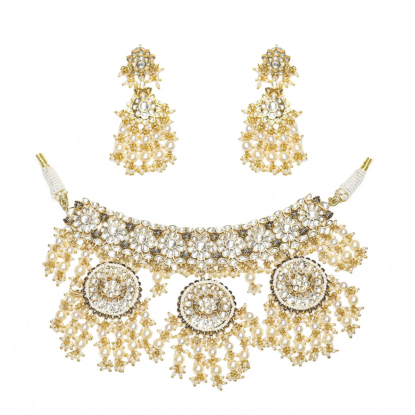 Kundan Pearl Bridal Necklace Set, Indian Wedding Jewelry Set, Gold Choker Necklace with Earrings, Traditional Bridal Jewelry