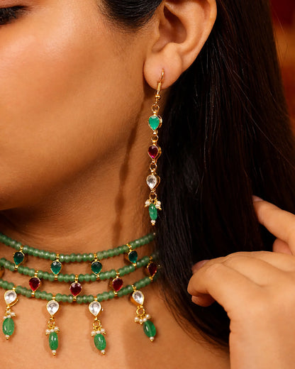 Green Beaded Kundan Choker Necklace, Multi Layer Indian Bridal Jewelry, Ruby Drop Necklace, Traditional Wedding Choker, Gold Ethnic Necklace