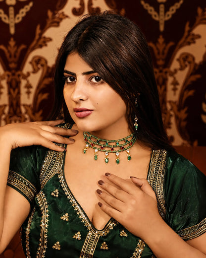 Green Beaded Kundan Choker Necklace, Multi Layer Indian Bridal Jewelry, Ruby Drop Necklace, Traditional Wedding Choker, Gold Ethnic Necklace